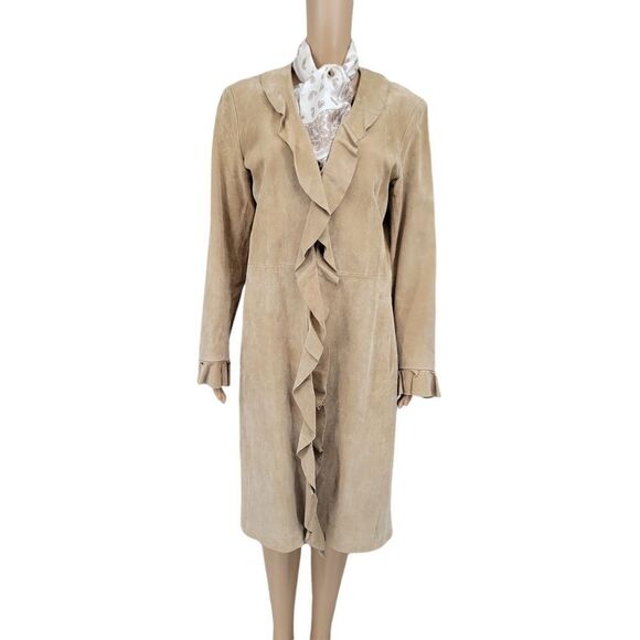 Boston Proper 90s Y2k Tan Suede Leather Trench Long Duster Jacket Boho Western - Picture 1 of 16